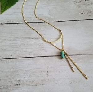 Harley 14 Karat Gold Plated U Bar Necklace with Gold Bar Drops & Turquoise Bead